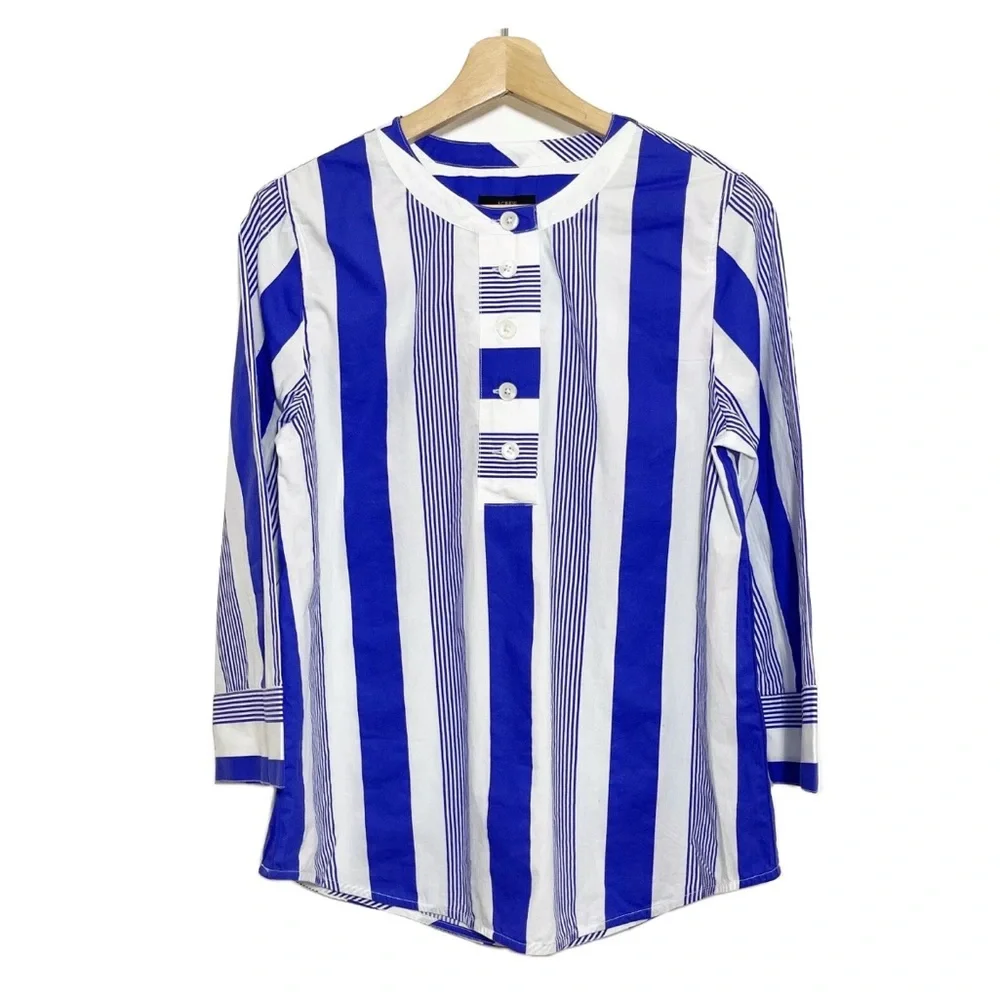 NWT J Crew Striped Tunic Top 3/4 Wide Sleeves Half Button Blue White Sz XS